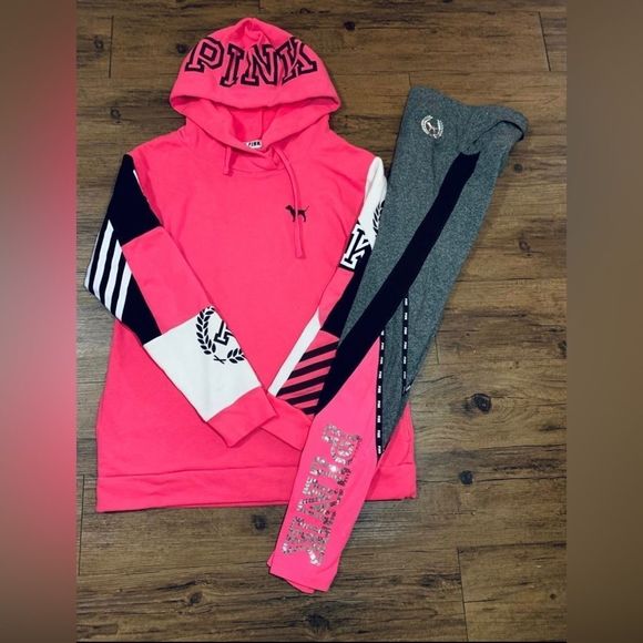 PINK VS COLORBLOCK NEON CAMPUS CROSSOVER HOODIE / BLING LEGGINGS OUTFIT S - Picture 4 of 13